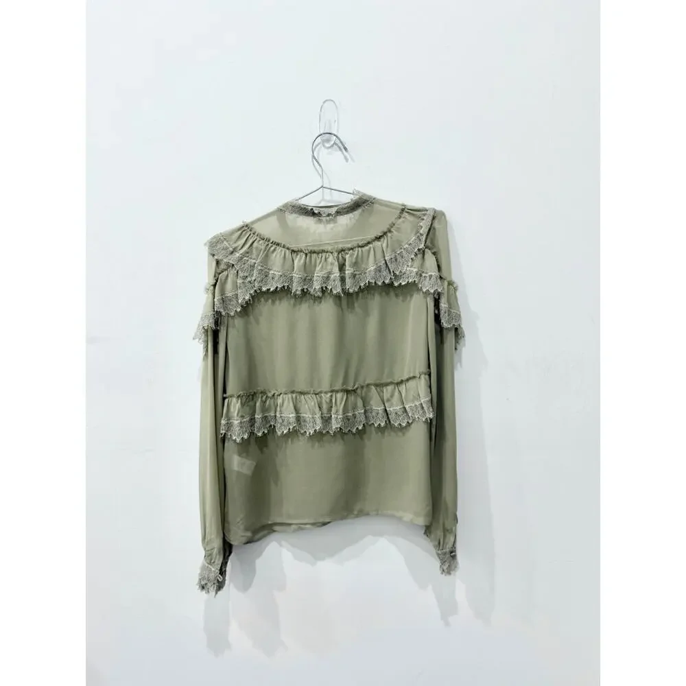 LoveShackFancy Ruffle Lace Trim Clara Silk Blouse Raffia Brown Womens Sze Medium - Picture 3 of 5